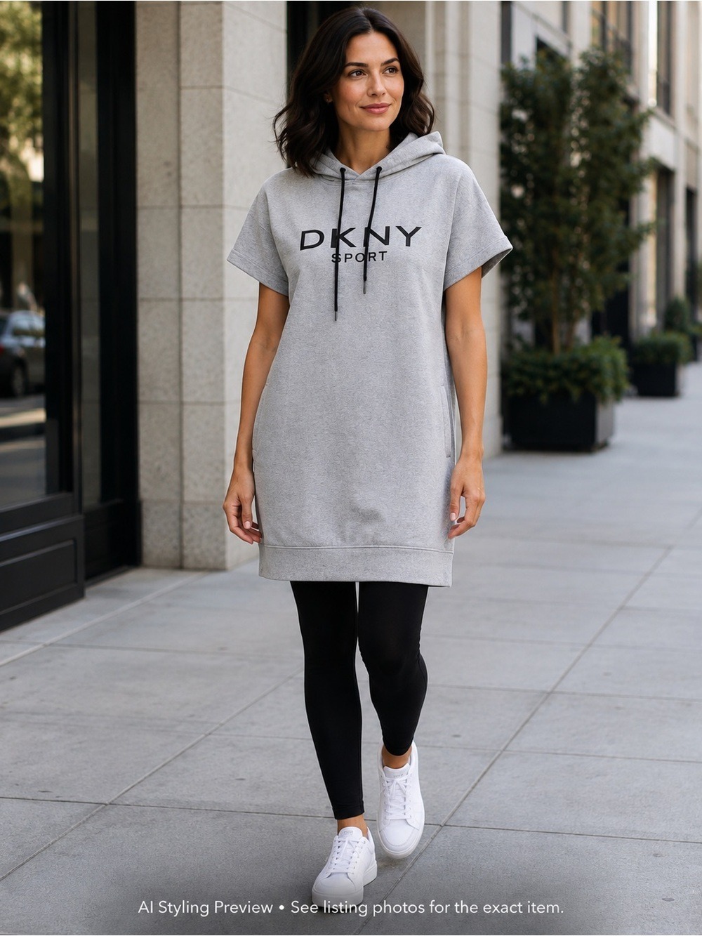 DKNY Sport Grey Logo Hooded Sweatshirt Dress Pockets Women’s M Athleisure